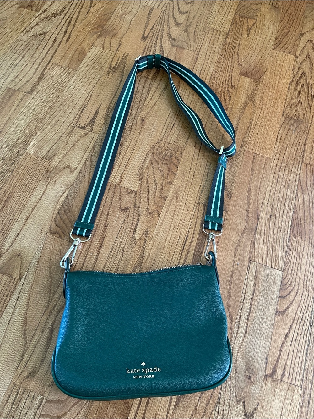 kate spade Green Pebbled Leather Crossbody with Striped Strap